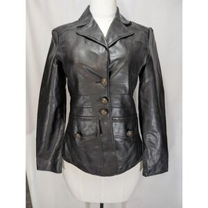 Steve‎ Madden Black Faux Leather Moto Jacket Womens M Button Front Fitted
